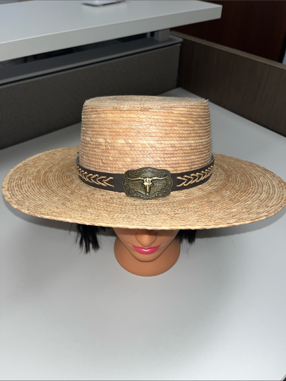 Source Unknown Natural Straw Western Hat with Brown Band and Metal Buckle